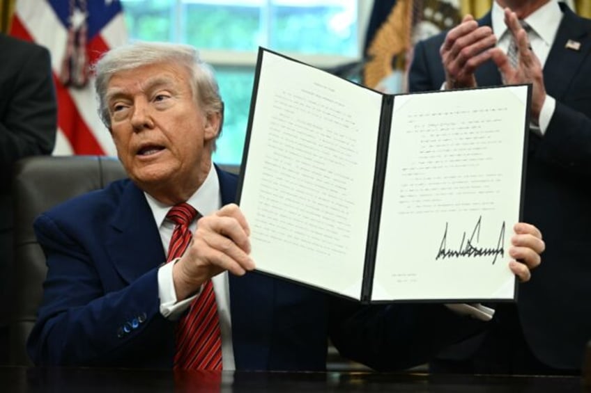 US President Donald Trump signs executive orders in the Oval Office of the White House in