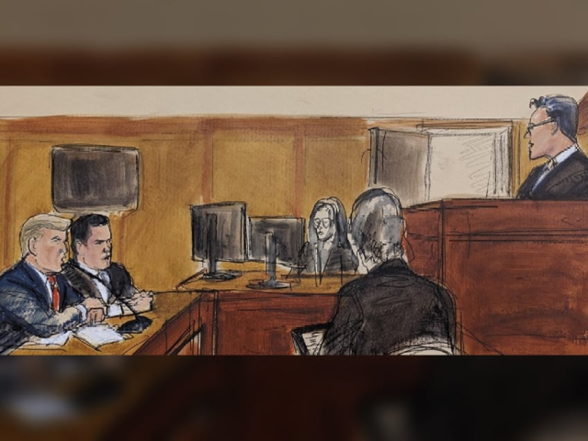 Judge Juan Merchan, far right, addresses former President Donald Trump, far left, regarding his rights and requirements, Tuesday, April 4, 2023, in a Manhattan courtroom in New York. Defense attorney Joseph Tacopina, center, looked on. (Elizabeth Williams via AP)