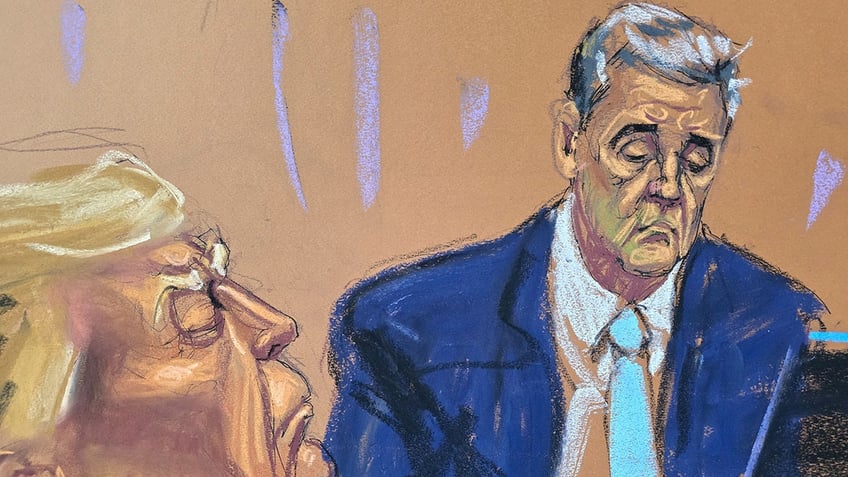 Michael Cohen right, Trump left in profile in courtroom sketch