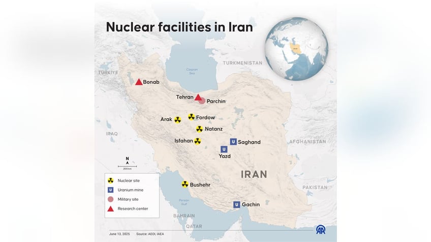 An infographic titled, "Nuclear facilities in Iran" was created in Istanbul, Turkey on June 13, 2025. (Photo by Ufuk Celal Guzel/Anadolu via Getty Images)