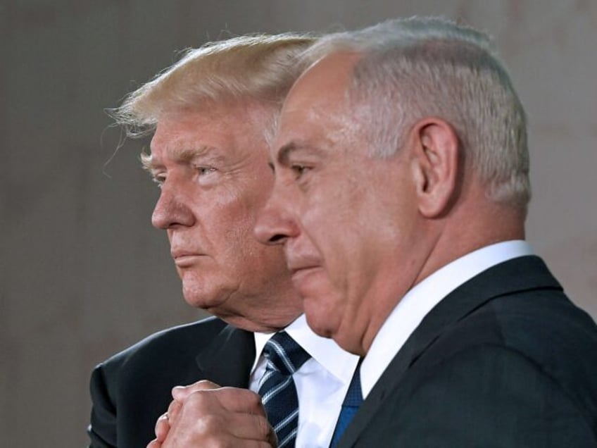 US President Donald Trump (L) shakes hands with Israel's Prime Minister Benjamin Neta