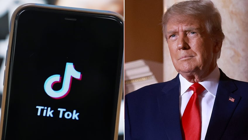 A photo of the TikTok logo and Donald Trump