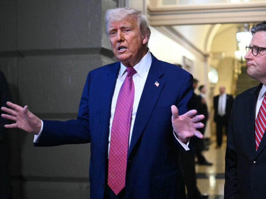 US President Donald Trump and US Speaker of the House Mike Johnson (R-LA) speak to the pre