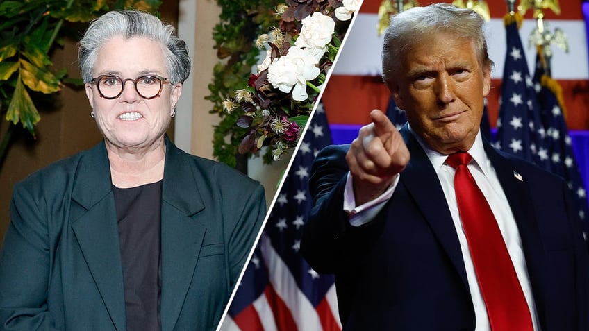 A split image of Rosie O'Donnell wearing a dark colored suit jacket and Donald Trump pointing