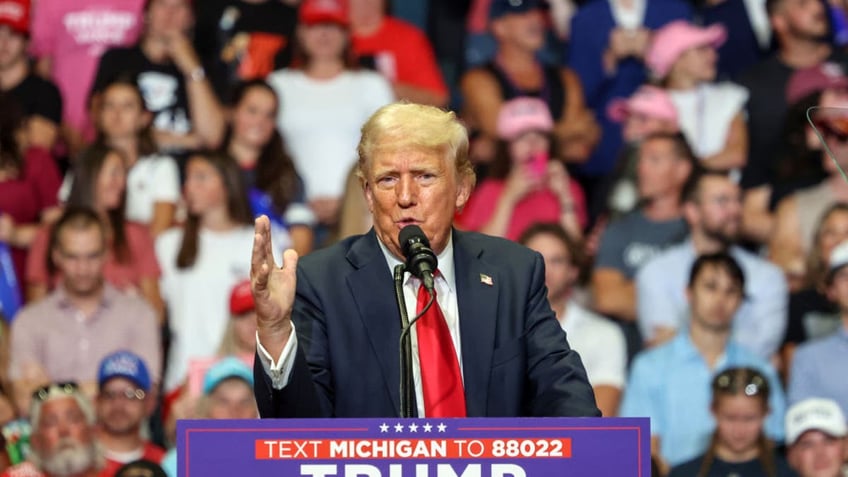 GRAND RAPIDS, MI - JULY 20: Former President and Republican Presidential candidate Donald Trump speaks to supporters at the Van Andes Arena in Grand Rapids, MI on July 20, 2024. Alex Wroblewski/The Washington Post via Getty Images