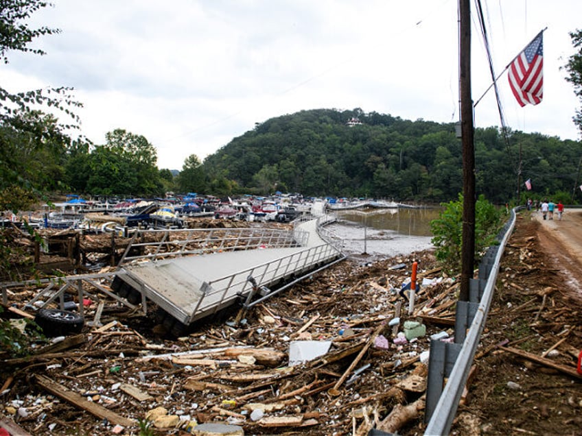 LAKE LURE, NORTH CAROLINA - SEPTEMBER 28: The Rocky Broad River flows into Lake Lure and o