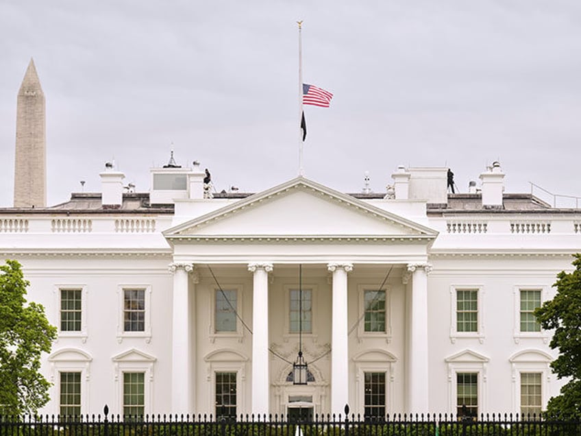The U.S. flag is flown at half-staff at the White House in Washington in honor of Pope Fra