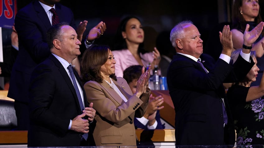 Democratic presidential candidate and U.S. Vice President Kamala Harris, Second Gentleman Doug Emhoff and U.S. Democratic vice presidential candidate Minnesota Governor Tim Walz