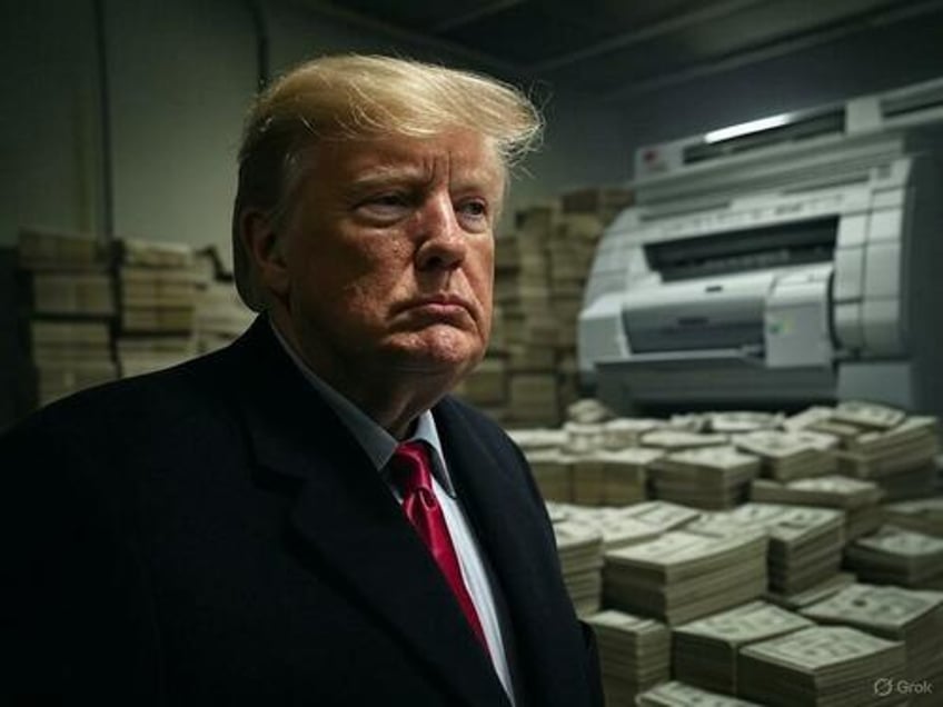 Trump next to a money printer. 