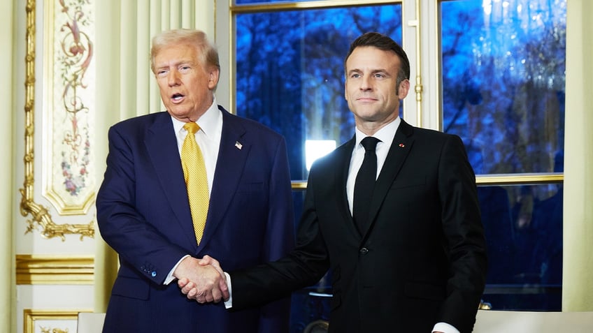 French President Emmanuel Macron meets with President-Elect Donald Trump at the Elysee Palace on December 7, 2024 in Paris, France. 