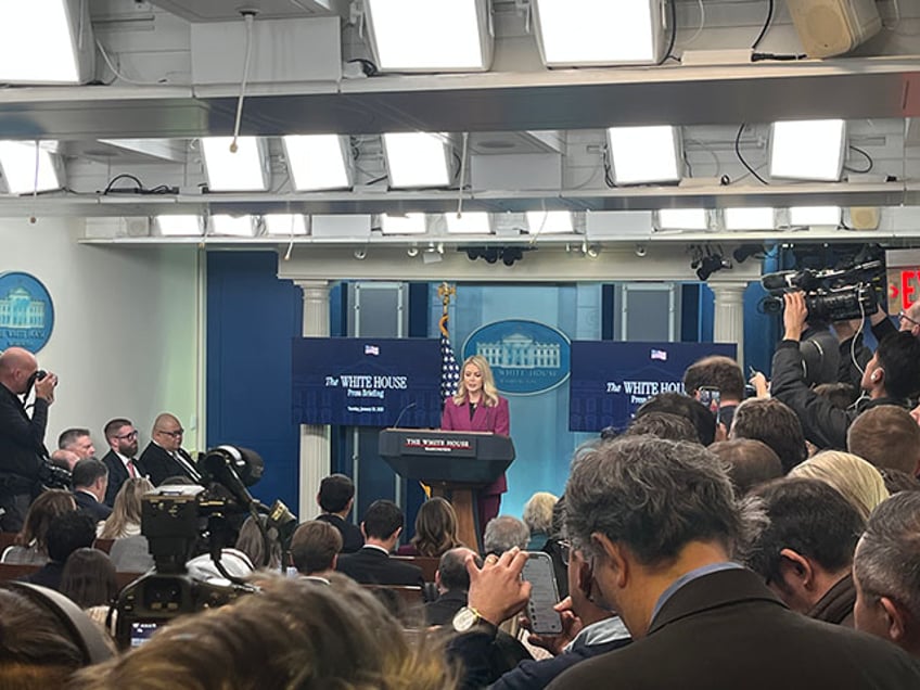 White House Press Secretary Karoline Leavitt answers questions from reporters in the briefing room at the White House on January 28, 2025. (Nicholas Gilbertson/Breitbart News)