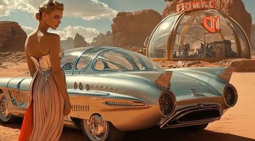 Retro-futurist image of a woman and a car. 