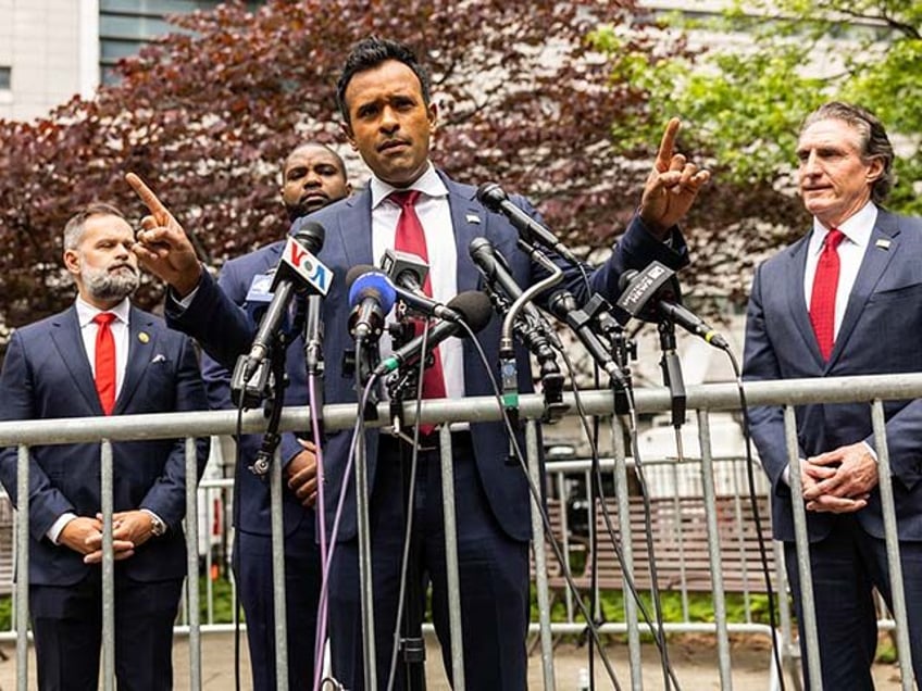 Former US Republican presidential candidate Vivek Ramaswamy speaks outside the Manhattan C