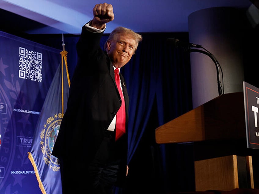 Republican presidential candidate and former U.S. President Donald Trump talks to supporters during a campaign rally at the Sheraton Portsmouth Harborside Hotel on January 17, 2024 in Portsmouth, New Hampshire. According to a poll conducted by Saint Anselm College and released Tuesday, Trump is at 52 percent, far ahead of …