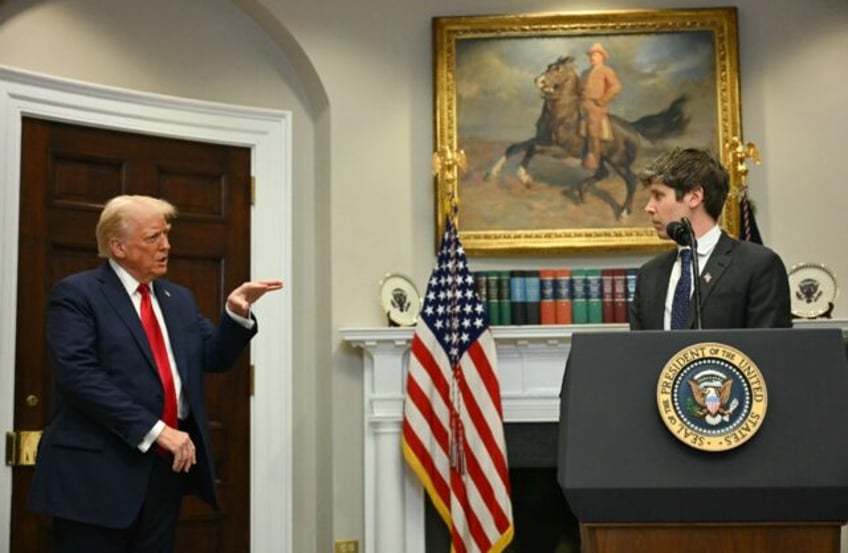 US President Trump gestures as CEO of Open AI Sam Altman speaks at the White House in Janu