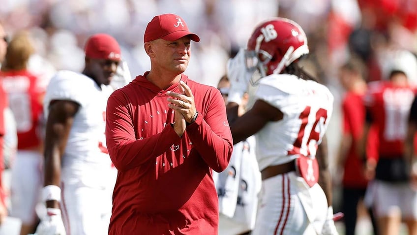 Kalen DeBoer looks on during an Alabama game