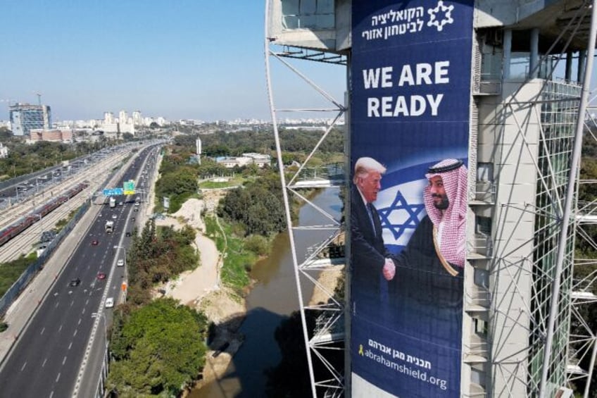 A billboard bearing a picture of US President Donald Trump and Saudi Crown Prince Mohammed