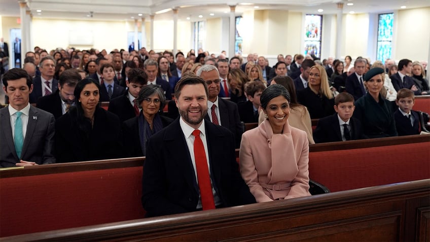 Vice President-elect JD Vance and Usha Vance arrive before President-elect Donald Trump for a service at St. John's Church