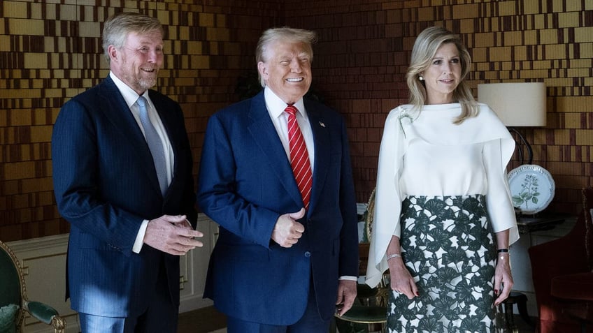 U.S. President Donald Trump poses with King Willem-Alexander of the Netherlands and Queen Maxima at Paleis Huis ten Bosch on the sidelines of the NATO Summit on June 25, 2025 in The Hague, Netherlands. 