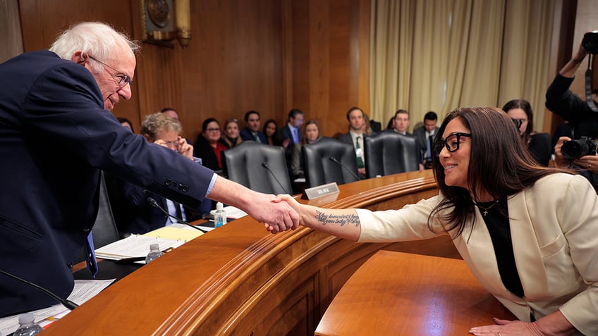 Lori Chavez-DeRemer, President Donald Trump’s pick to lead the Labor Department, greets Ranking Member Sen. Bernie Sanders (I-VT) as she arrives for her confirmation hearing before the Senate Health, Education, Labor and Pensions Committee in the Dirksen Senate Office Building on Capitol Hill on Feb. 19, 2025 in Washington, D.C.