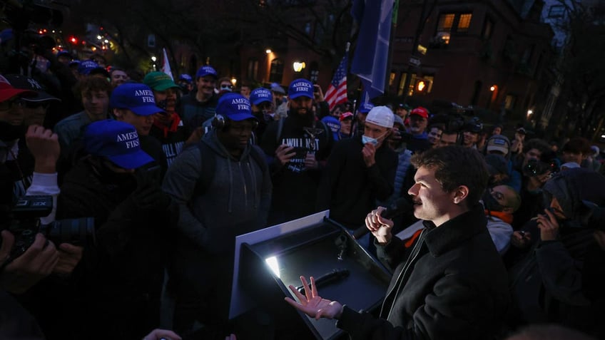 Nick Fuentes speaks as America First protesters are gathered in front of the Gracie Mansion to protest vaccination mandates in New York City, United States on November 13, 2021.
