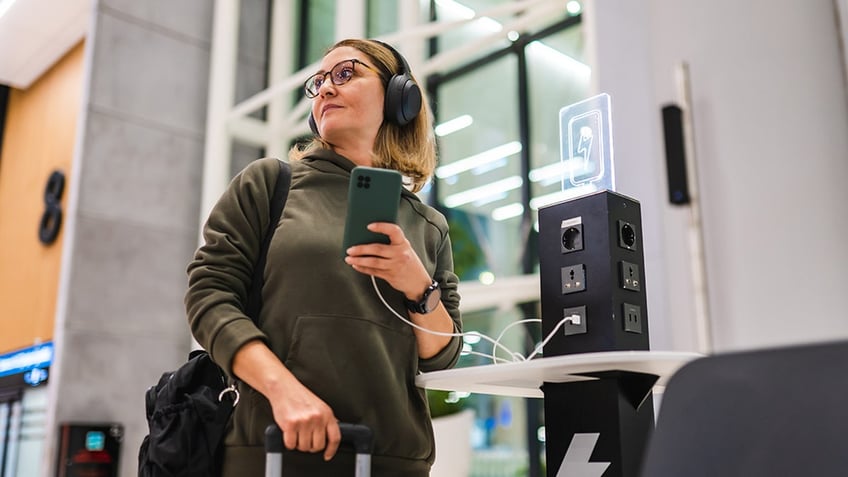 Woman charging her phone at airport 