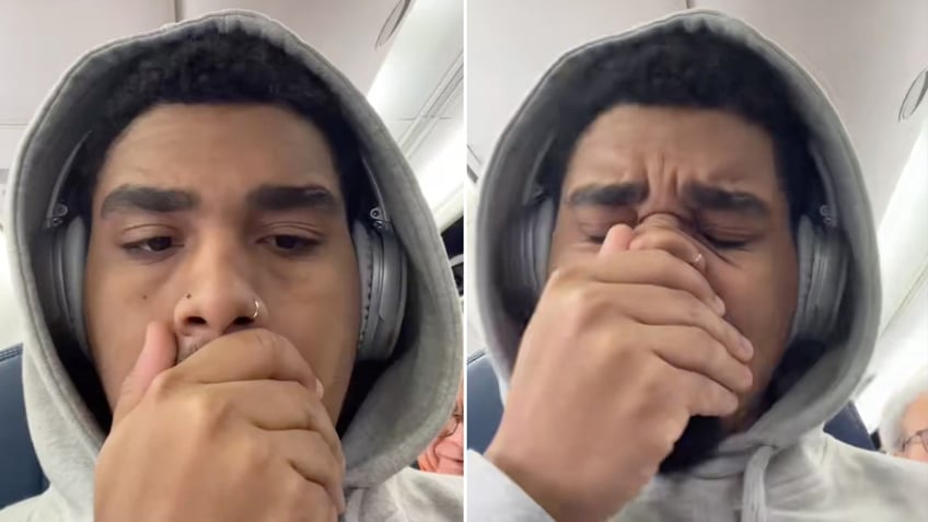 Frames from a TikTok video show Zavier Torrence's reaction to a foul-smelling tuna melt on a plane.