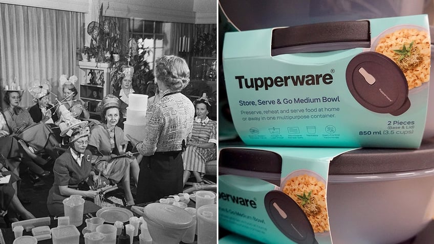 Tupperware parties were a common trend in 1955, left. Today, Tupperware is a common sight on store shelves.