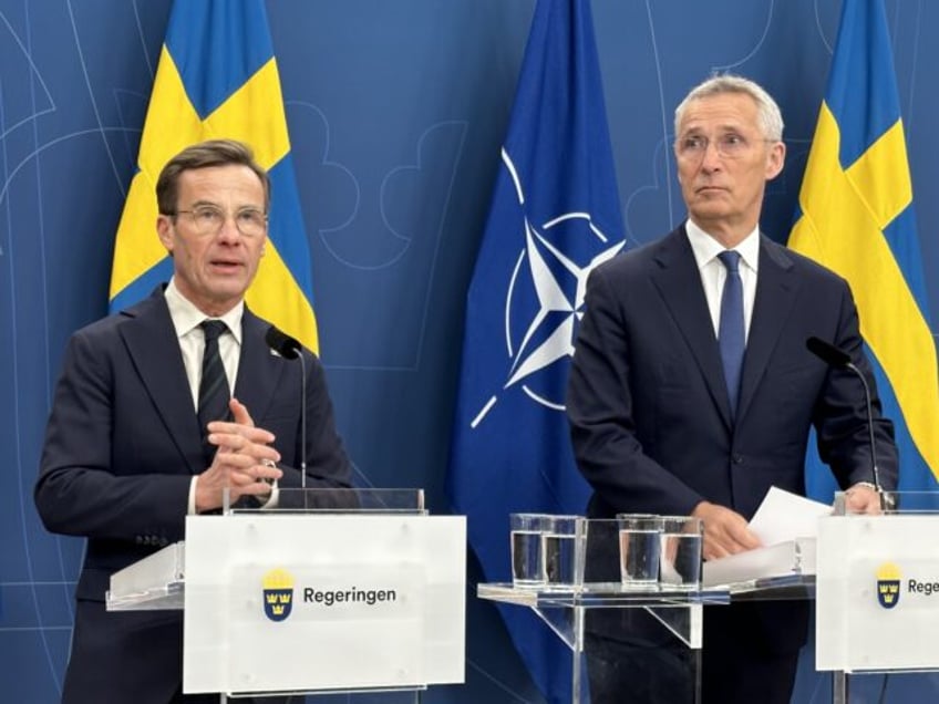 STOCKHOLM, SWEDEN - OCTOBER 24: NATO Secretary General Jens Stoltenberg (R), and Swedish Prime Minister Ulf Kristersson (L) speak during a joint press conference after their meeting in Stockholm, Sweden on October 24, 2023. (Photo by Atila Altuntas/Anadolu via Getty Images)