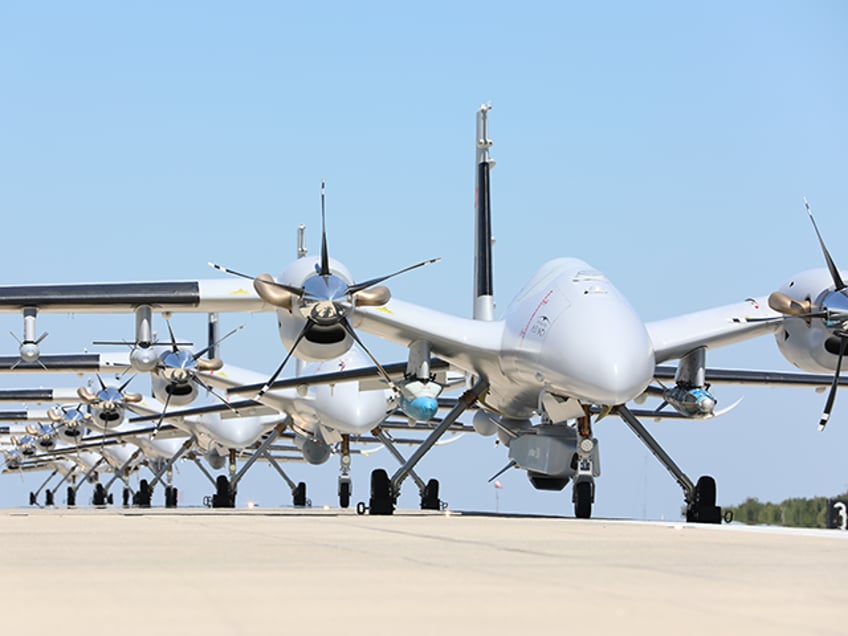 7 Bayraktar Akinci unmanned aerial vehicle (UAV), are brought together as a fleet at Flight Training and Test Center in Istanbul, Turkiye on July 05, 2022. 3 of UAV's used for training and testing activities at Corlu Airport Base Command and 4 of them which to be delivered to the Air Force Command participated in the photo and video shoot together. (Photo by BAYKAR/Handout/Anadolu Agency via Getty Images)