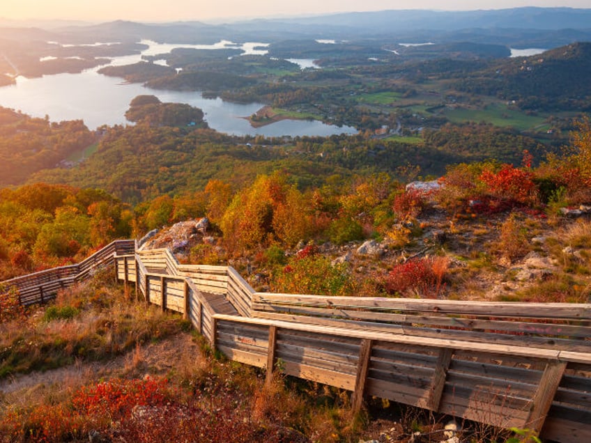 Hiawassee, Georgia, USA landscape with Chatuge Lake in early autumn at dusk.