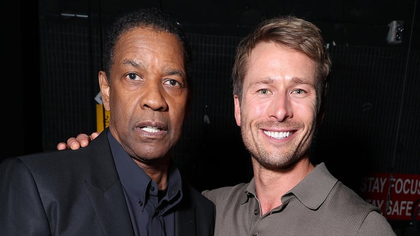 Close up of Denzel Washington and Glen Powell together