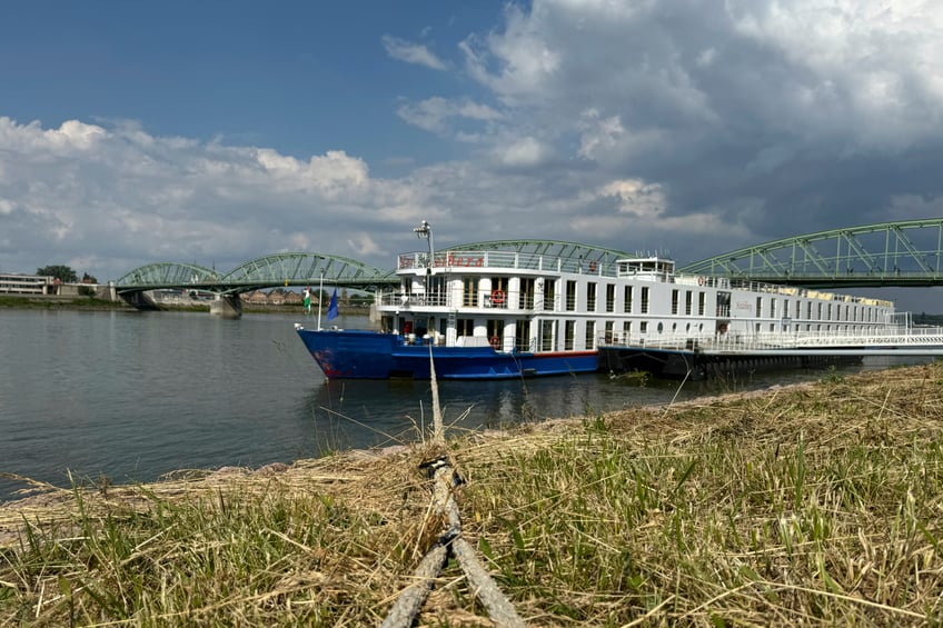 Damage is seen on the front of the cruise ship which was involved in a Danube River accident earlier in Budapest Hungary, Sunday, May 19, 2024. Police say two people have died and five are missing following a boat collision on the Danube River in Hungary. (AP Photo/Bela Szandelszky)