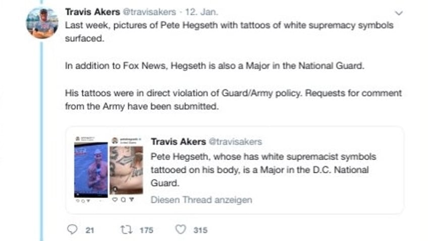 Travis Akers posts on X, accusing Pete Hegseth of having a white supremacist tattoo.