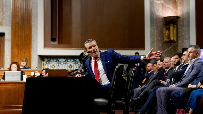 Pete Hegseth, military analyst at Twenty-First Century Fox Inc. and US secretary of defense nominee for US President-elect Donald Trump, during a Senate Armed Services Committee confirmation hearing in Washington, DC, US, on Tuesday, Jan. 14, 2025. Kent Nishimura/Bloomberg via Getty Images