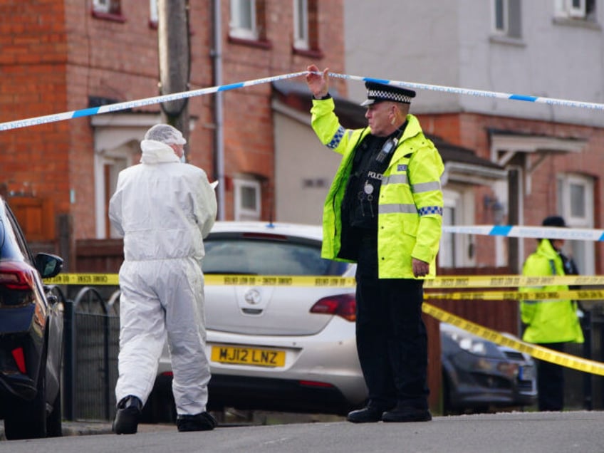 Police and forensic investigators at scene in south Bristol where two teenage boys, aged 15 and 16, died after a stabbing attack by a group of people who fled the scene in a car. Picture date: Sunday January 28, 2024. (Photo by Ben Birchall/PA Images via Getty Images)