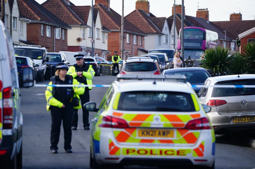 Police at scene in south Bristol where two teenage boys, aged 15 and 16, died after a stabbing attack by a group of people who fled the scene in a car. Picture date: Sunday January 28, 2024. (Photo by Ben Birchall/PA Images via Getty Images)