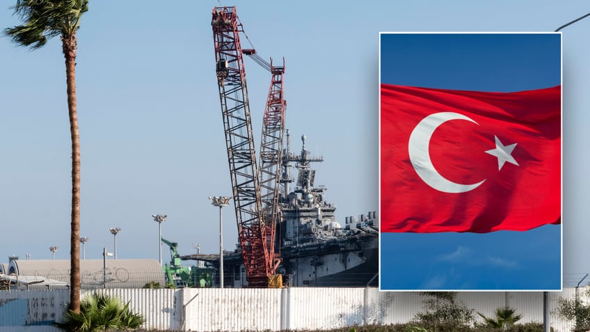 Split image of ship, Turkish flag