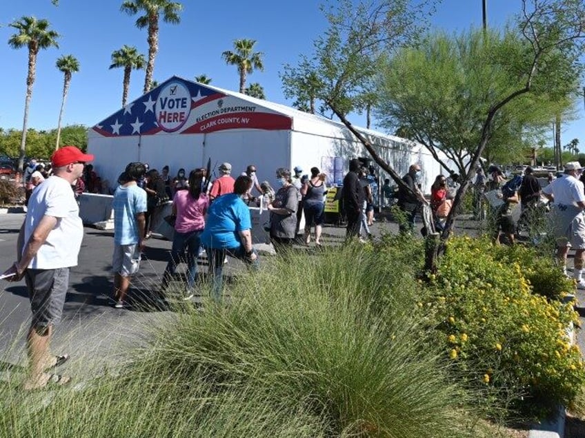 People line up to vote at a shopping center on the first day of in-person early voting on