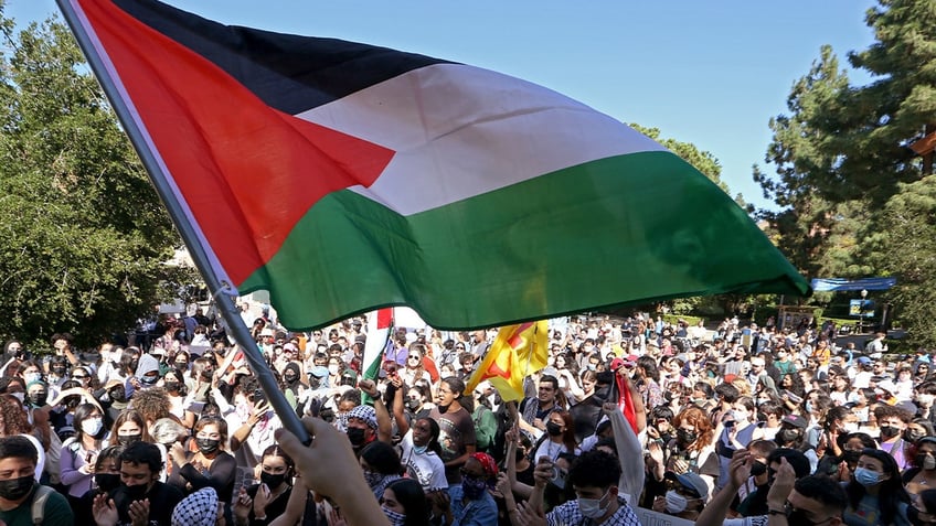 Palestinian flag over crowd of UCLA students