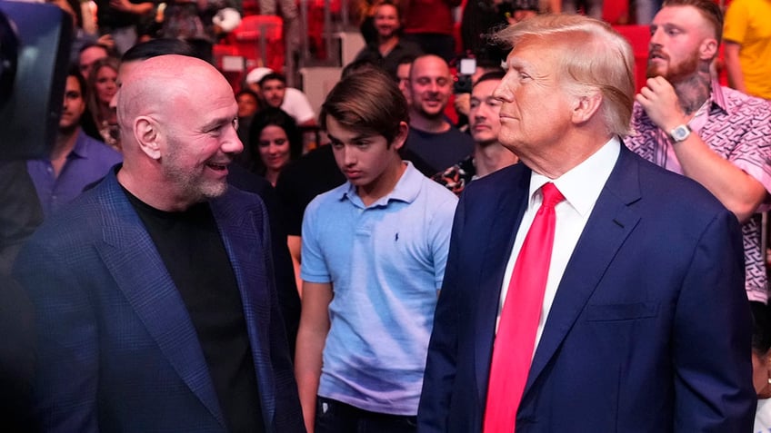 Former U.S. President Donald Trump and UFC president Dana White are seen in attendance during the UFC 287 event at Kaseya Center on April 08, 2023 in Miami, Florida.