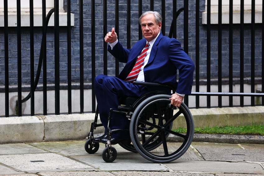 The Governor of Texas, Greg Abbott, arrives at Downing Street, London, ahead of a meeting with Business Secretary Kemi Badenoch for the signing of a statement of mutual cooperation to strengthen the trade and economic development ties between the UK and the US state of Texas. Picture date: Wednesday March 13, 2024. (Photo by Stefan Rousseau/PA Images via Getty Images)