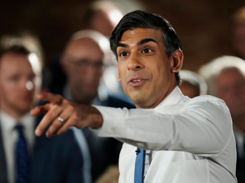 ACCRINGTON, ENGLAND - JANUARY 8: UK Prime Minister Rishi Sunak talks to an audience at a PM Connect event on January 8, 2024 in Accrington, England. With a general election on the horizon, the Prime Minister has started this year with visits to electoral battlegrounds. (Photo by Christopher Furlong/Getty Images)