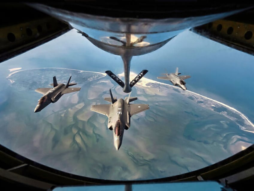 NETHERLANDS - 2025/04/28: F-35 fighter jets of the Royal Netherlands Air Force in formatio