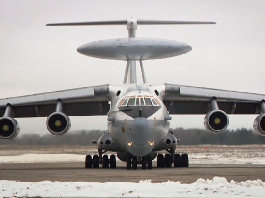 In this file photo made from video provided by the State TV and Radio Company of Belarus on Thursday, March 3, 2023, a Russian Beriev A-50 maneuvres at the Machulishchy Air Base near Minsk. After Russia invaded Ukraine, guerrillas from Belarus began carrying out acts of sabotage on their country's …