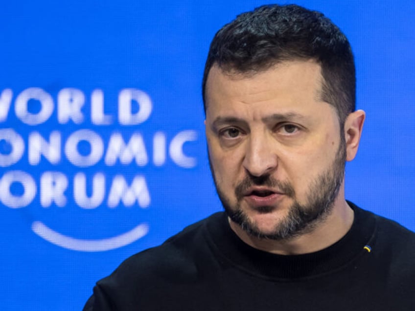 Ukrainian President Volodymyr Zelensky addresses the assembly at the World Economic Forum (WEF) annual meeting in Davos, on January 16, 2024. (Photo by Fabrice COFFRINI / AFP) (Photo by FABRICE COFFRINI/AFP via Getty Images)