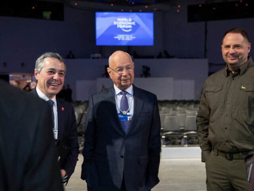 Swiss Federal Councillor Ignazio Cassis, founder World Economic Forum (WEF) Klaus Schwab and Head of the Ukrainian President's Office Andriy Yermak speak prior the 4th meeting of the National Security Advisors (NSA) on the peace formula for Ukraine, in Davos, on January 14, 2024. The NSA meeting takes place in …