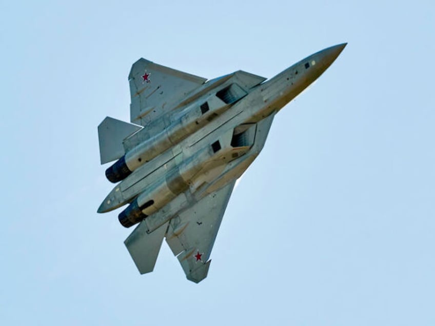 RAMENSKOE AIRFIELD, ZHUKOVSKY, RUSSIA - 2021/07/24: Fighter Su-57 seen in the sky over Zhu