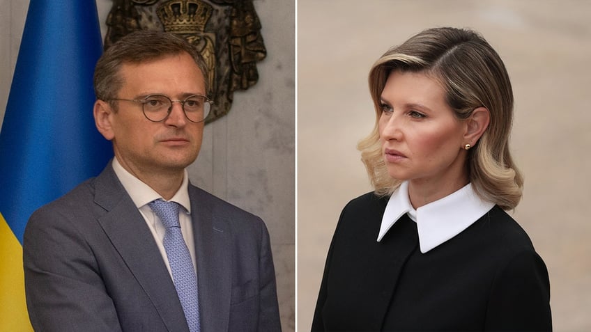 Ukraine's Foreign Minister Dmytro Kuleba, left, and Ukraine's First Lady Olena Zelenska, right