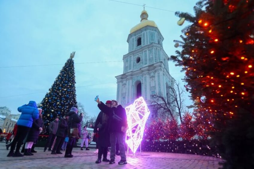 Christmas trees and decorations outside Saint Sophia's Cathedral this year in Kyiv